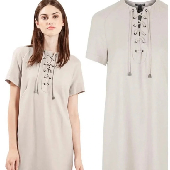 Topshop Retro Tan Lace Up Neckline Side Pockets Mini Dress Size 4 - Picture 1 of 11